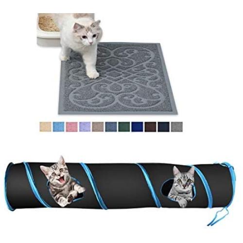 PetLike Cat Litter Mats for Tray Boxes (Grey) and Cat Tunnels Pet Tube Play Toy with Ball for Cats (Black)