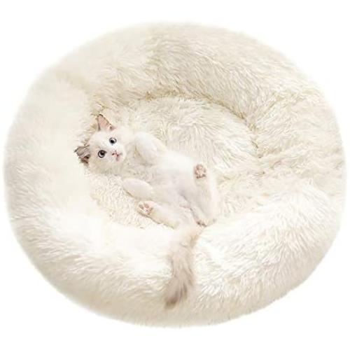 HAITRAL Fluffy Pet Bed- Dog Bed for Small Dogs with Round Donut Shape, Pet Calming Bed for Dogs Cats Rabbit, Warm& Cozy& Machine Washable-23.62 x 23.62 x 1.18 inches, Grey/Dark Grey/White