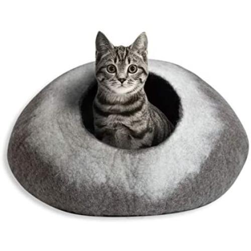 HIMAL 100% Natural Handmade Merion Wool Cat Cave, Bed from Nepal - Grey and White