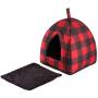 Hollypet Self-Warming 2 in 1 Foldable Comfortable Triangle Cat Bed Tent House, Red Checked