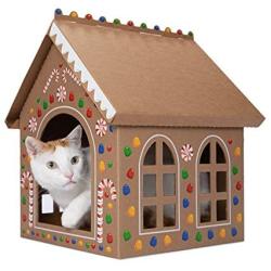 Gingerloaf House - Christmas Holiday Gingerbread Playhouse for Cats, Kittens, Rabbits & Bunny. Cardboard Box House Condo Cave Includes Giant Sticker Sheet for Decorating