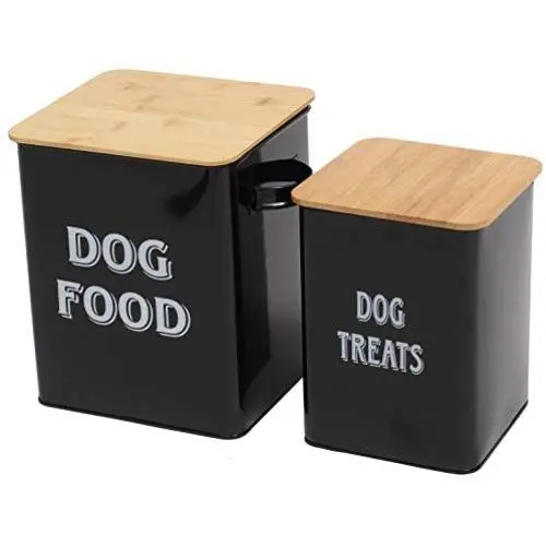 Pethiy Dog Food and Treats Storage tin Containers Set with Scoop for Dogs-Tight Fitting Wood Lids-Coated Carbon Steel-Storage Canister Tins Pethiy Dog Food and Treats Storage tin Containers Set with Scoop for Dogs-Tight Fitting Wood Lids-Coated Carbon Steel-Storage Canister Tins