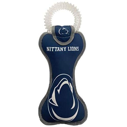 Pets First NCAA Penn State Nittany Lions College Dental Tough Dog TUG Bone Toy with Built-in Squeaker Attached to a Safe Rubber Teething Toothbrush PET Toy, Team Color, 14 x 5 (PA-3310)