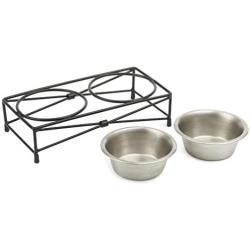 PetRageous 11423SS Farm Fence Metal Non Slip Dog Diner, Metallic, 1-Cup Capacity, Two Dishwasher Safe Stainless Steel Bowls, 3.70-Inch Tall Feeder, for Small and Medium Dogs and Cats, Black