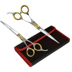 Sharf Professional Pet Shears Kit: Gold Touch Dog Grooming 7.5 Inch Curved Shear & 7.5 Inch Straight Scissors | Must-Have Groomers & Home Groomer Scissors Set