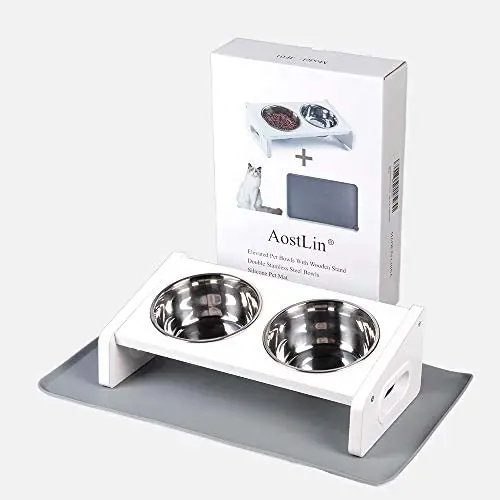 AostLin Elevated Cat Dog Bowls with Wooden Stand and Silicone Pet Mat, 3 Piece Set, Mess Free Feeding System for Water and Wet or Dry Food, Supports Cats, Puppies or Rabbits AostLin Elevated Cat Dog Bowls with Wooden Stand and Silicone Pet Mat, 3 Piece Set, Mess Free Feeding System for Water and Wet or Dry Food, Supports Cats, Puppies or Rabbits