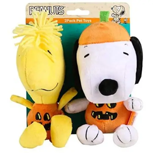 Peanuts 9 Inch Halloween Snoopy and Woodstock Pumpkin Big Head Plush Dog Toys with Squeaker | 2 Piece Squeaky Dog Toy Set, Fabric Snoopy Plush Dog Toys for All Dogs | Stuffed Dog Toys for All Dogs