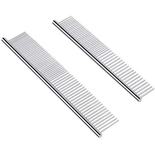 PetQoo Dog Cat Grooming Comb, 2 Pack Stainless Steel Dog Combs with Rounded Ends Teeth for Removing Tangles, Mats, Loose Hair for Long and Short Haired Dog