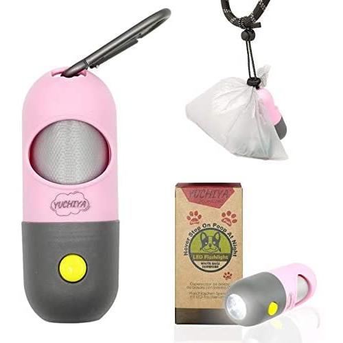 Dog Poop Pickup Bags Holder with LED Flashlight|Pet Waste Bags Dispenser for Lead Leash|Diaper Bags Distributor for Cradle Car|Carabiner Fastener Elastic Rope LR44 Button Cells Included (Pink)