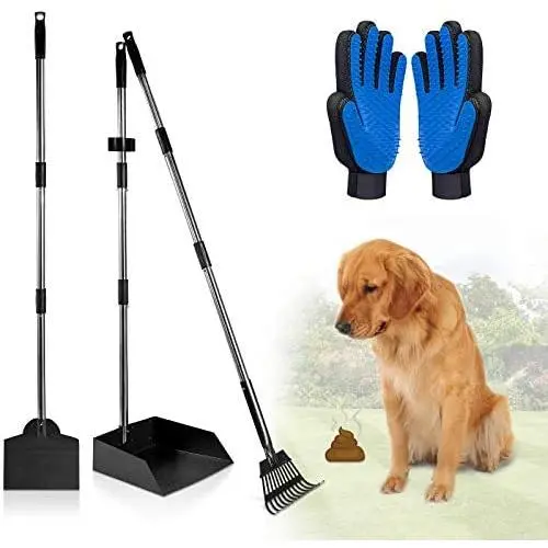 Dog Pooper Scooper with 2 Pack Pet Grooming Gloves, Poop Scooper for Large and Small Dogs with Long Handle, Metal Pet Poop Tray and Rake Set for Dirt, Gravel, Lawns, Grass Dog Pooper Scooper with 2 Pack Pet Grooming Gloves, Poop Scooper for Large and Small Dogs with Long Handle, Metal Pet Poop Tray and Rake Set for Dirt, Gravel, Lawns, Grass