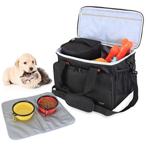 LUXJA Dog Travel Bag (Includes 2 Lined Food Containers, 2 Collapsible Bowls and 1 Removable Placemat), Dog Gear Bag for Dog Travel Accessories