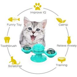 Pawaboo Windmill Cat Toy, Rotating Turntable Teasing Scratch Tickle Hair Brush Molar Massage Cat Toy, Funny Interactive Training Pet Play Ball Toy with Suction Cup Base for Cat Kitty Kitten