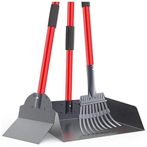 X-TECOKIT Larger Pooper Scooper - Durable & Sturdy Rake, Spade, Tray Set with Long Handle Great for Large Small and Multi Dogs - Poop Scoop No Bend Down Easy to Use for Yard Grass Gravel Dirt