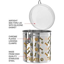 Oggi Airtight Stainless Steel 130-Ounce Pet Treat Canister with Treats, Paws and Bones Motif-Clear Acrylic Flip-Top Lid with Locking Clamp Closure