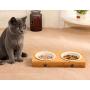 ALBOLET Cat Bowl，Elevated Bamboo Cat&Puppy Bowl, Cat&Dog Bowl with Stand，Raised Dog&Cat Feeder with Bamboo Stand， Ceramic Food Food Water Bowl for Cats and Puppy