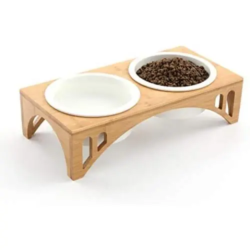 FUKUMARU Elevated Dog Ceramic Bowls, 17 OZ Raised Food Feeding Dishes for Large Cats and Medium Dogs, Solid Bamboo Water Stand Feeder Set FUKUMARU Elevated Dog Ceramic Bowls, 17 OZ Raised Food Feeding Dishes for Large Cats and Medium Dogs, Solid Bamboo Water Stand Feeder Set
