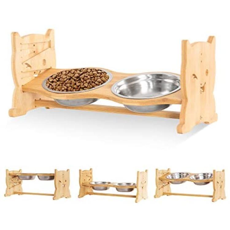 Elevated Dog and Cat Bowls, 6 Adjustable Heights Raised Food Water Feeder  Bowl with Stand in Wood Color