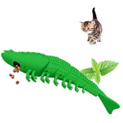 WeTest Natural Rubber Interactive Cat Toothbrush Catnip Toys - Refillable Catnip Shrimp Shape Pet Cleaning Chew Toothbrush Toy（Green） (LJ-ZXS-120202)