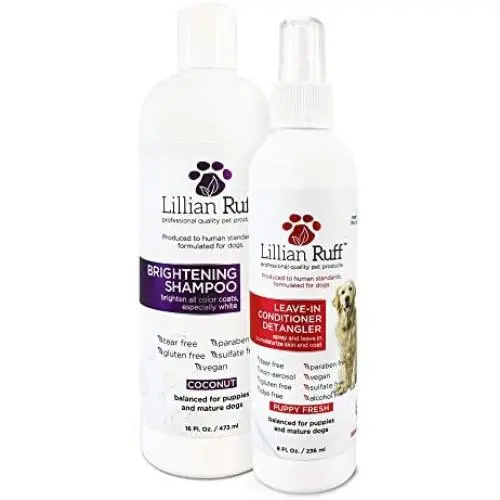 Lillian Ruff Brightening & Whitening Shampoo for Dogs – Tear Free Coconut Scent with Aloe for Dry & Sensitive Skin – Adds Shine & Luster to Coats Lillian Ruff Brightening & Whitening Shampoo for Dogs – Tear Free Coconut Scent with Aloe for Dry & Sensitive Skin – Adds Shine & Luster to Coats
