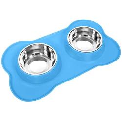 UPSKY Dog Cat Bowls Stainless Steel Double Dog Food and Water Bowls with No-Spill No-Skid Silicone Mat, Pet Feeder Bowls Small Puppy Bowl for Small Dogs Cats