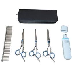 Sonnyridge Professional Grade Stainless Steel Grooming Scissors for Dogs or Cats - Grooming Scissors Kit Includes Staight, Curved, Thinning Scissors with Comb and a 3 Grinding Port Nail Filer