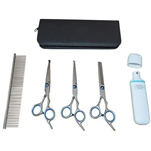 Sonnyridge Professional Grade Stainless Steel Grooming Scissors for Dogs or Cats - Grooming Scissors Kit Includes Staight, Curved, Thinning Scissors with Comb and a 3 Grinding Port Nail Filer Sonnyridge Professional Grade Stainless Steel Grooming Scissors for Dogs or Cats - Grooming Scissors Kit Includes Staight, Curved, Thinning Scissors with Comb and a 3 Grinding Port Nail Filer