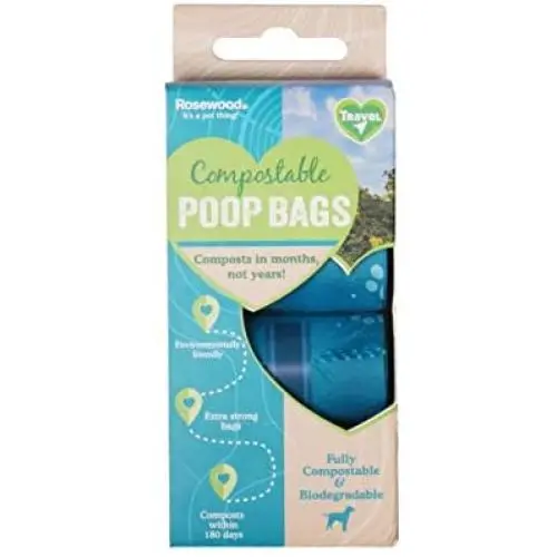 Compostable, eco friendly dog poo bags, 60pc. Made from eco friendly products and bioplastics obtained from plants such as corn starch. Compostable, eco friendly dog poo bags, 60pc. Made from eco friendly products and bioplastics obtained from plants such as corn starch.