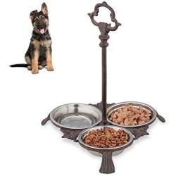 Relaxdays Cast Iron Feeding Station for Cats & Dogs, 3 Stainless Steel Bowls, Antique, Handle, Outdoor, Dark Brown, 1 Item