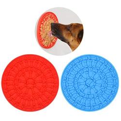 NUOCHUANG Dog Lick Mat, 2 Pack Silicone Lick Mat for Dogs, Slow Feeder Distraction Device with 37 Super Suction, Dog Peanut Butter Lick Pad for Bathing, Grooming, Training, Blue Plus Red