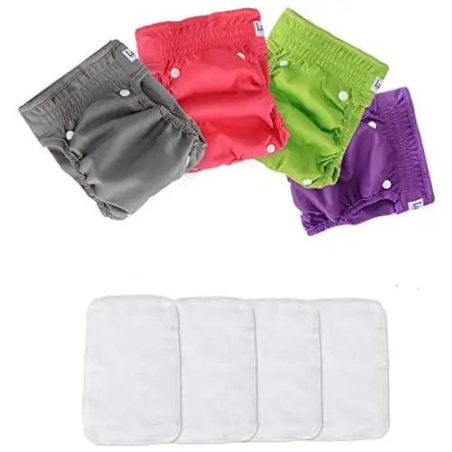 Luxja Reusable Female Dog Diapers with Extra Detachable Diaper Pads (Pack of 4), Washable Wraps for Female Dog (Gray + Green + Purple + Rose Red), M