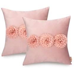 Tayis Throw Pillow Covers 18x18 inch,Soft Velvet Floral Flower Decorative Pillowcase,Cushion Case for Sofa Bedroom Couch Bed Chair (Pink,Pack of 2)