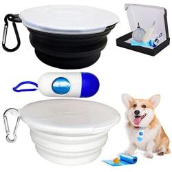 Collapsible Dog Bowl for Travel, 2 Pack Silicone Foldable Bowls with Lids & Dog Poop Bag with Dispenser, Dog Water Food Bowl Cat Feeding Cup Dish, Small Dog Portable Bowl Set,450ml,15oz