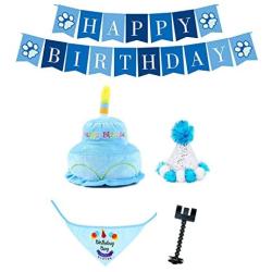 PYOGO Birthday Bandana Hat - Happy Party Supplies - Cake Toy - Bonus Memory Selfie Stick - Dog Mom Dad Gift Basket for Small Medium Large Dog Cat Pet Puppy Girl Boy (Blue)