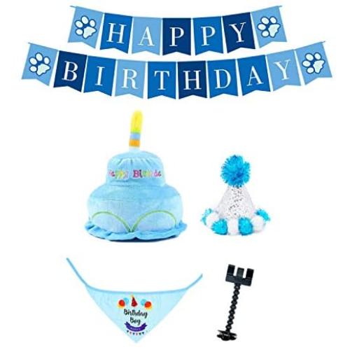 PYOGO Birthday Bandana Hat - Happy Party Supplies - Cake Toy - Bonus Memory Selfie Stick - Dog Mom Dad Gift Basket for Small Medium Large Dog Cat Pet Puppy Girl Boy (Blue)