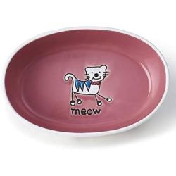PetRageous 11023 Silly Kitty Oval Dishwasher Safe Stoneware Cat Bowl 6.5-Inch Long 4-Inch Wide 2-Inch Tall 2-Cups Capacity for Cats of All Sizes With Silly Kitty Logo In the Basin, White and Pink