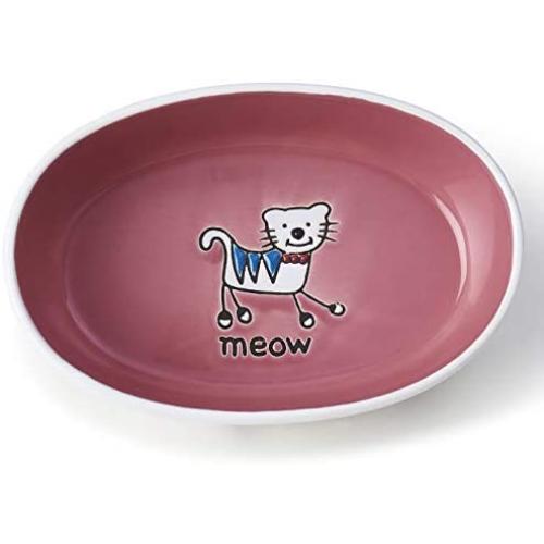 PetRageous 11023 Silly Kitty Oval Dishwasher Safe Stoneware Cat Bowl 6.5-Inch Long 4-Inch Wide 2-Inch Tall 2-Cups Capacity for Cats of All Sizes With Silly Kitty Logo In the Basin, White and Pink