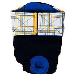 Barkertime Premium Wateproof Dog Diaper - Made in USA - Blue Yellow Plaid on Black Waterproof Premium Dog Diaper, S, with Tail Hole for Incontinence, Male Marking, Females in Heat