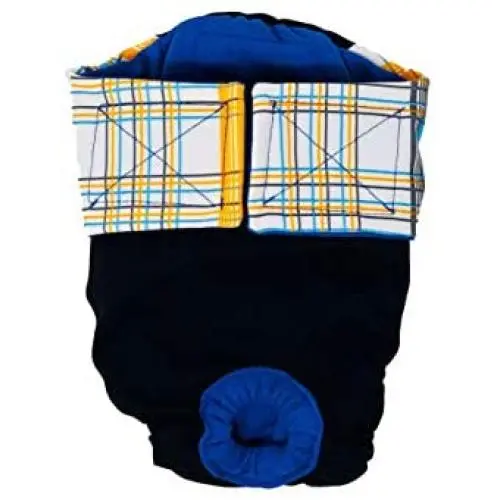Barkertime Premium Wateproof Dog Diaper - Made in USA - Blue Yellow Plaid on Black Waterproof Premium Dog Diaper, S, with Tail Hole for Incontinence, Male Marking, Females in Heat Barkertime Premium Wateproof Dog Diaper - Made in USA - Blue Yellow Plaid on Black Waterproof Premium Dog Diaper, S, with Tail Hole for Incontinence, Male Marking, Females in Heat
