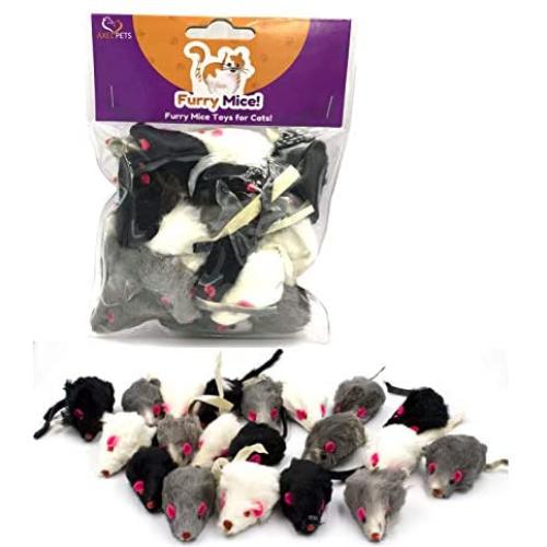 AXEL PETS 20 Furry Mice with Catnip and Rattle Sound Made of Real Rabbit Fur Interactive Catch Play Mouse Toy for Cat, Pack of 20 Mice