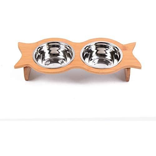 SAsagi Bamboo Porcelain Double Cat Bowl,Dog Cat Food Water Container Premium Double Feeder for Cats Dogs Pets