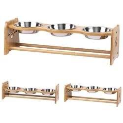 X-ZONE PET Raised Pet Bowls for Cats and Dogs, Adjustable Bamboo Elevated Dog Cat Food and Water Bowls Stand Feeder with 2 Stainless Steel Bowls and Anti Slip Feet