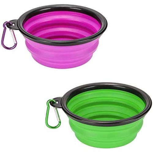 Emoly 2 Pack Large Size Collapsible Dog Bowl, Food Grade Silicone BPA Free, with Carabiner Clip Foldable Expandable Cup Dish for Pet Cat Food Water Feeding Portable Travel Bowl (Purple & Green)