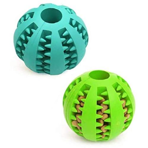 Dog Ball Toys for Pet Tooth Cleaning/Chewing/Playing, Iq Treat Ball Food Dispensing Toys of 2 Pcs Non-Toxic Soft Rubber Ball (Light Blue&Green)