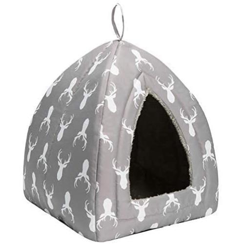 Hollypet Self-Warming 2 in 1 Foldable Comfortable Triangle Cat Bed Tent House, Gray Antlers