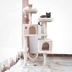 Hey-bro 61.5'' Extra Large Multi-Level Cat Tree Condo Furniture with Sisal-Covered Scratching Posts, 2 Bigger Plush Condos, Perch Hammock for Kittens, Cats and Pets