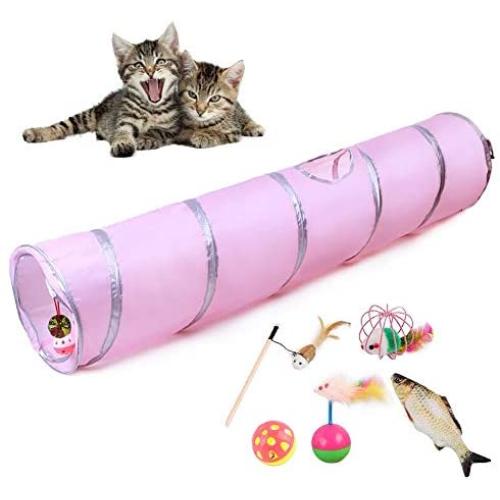 Cat Tunnel for Indoor Cats, Sainwill 2-Way Tunnel with Play Ball Collapsible Pop-up Pet Tube Peek Hole Cat Hideaway Interactive Cat Chute Cat Tube, Best for Puppy Kitty Kitten Rabbit, 47.2'' Long, Pink