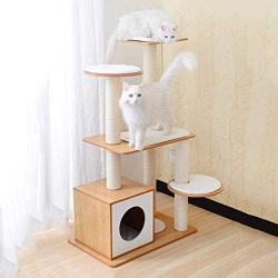 Modern Cat Tree, 6 Level Wooden Cat Tower, Kitten Play House with Sturdy Scratching Posts, Spacious Condo Hanging Ball and Removable Mats