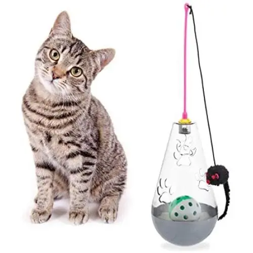 Relaxdays Cat Toy, 3in1, Interactive, Treat Tumbler, Teaser Wand Mouse & Ball with Bell, Kitten, Fun, Grey, Pack of 1, Gray