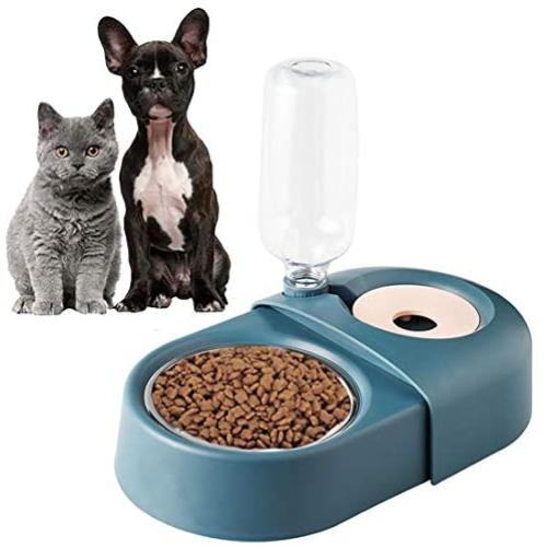 ECOSCO Pet Dog Cat Water Food Double Bowls Set, Detachable Stainless Steel Bowl, Dispenser Bottle Cat Bowl,Non-Wet Mouth Leak-Proof Automatic Water Storage Feeding Bowl