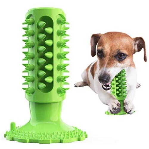 PETHOBBY Green Dog Chew Toy with Rubber Sucker,Natural Rubber Dog Toothbrush Stick with Dental Care,Squeaky Dog Toys for Medium and Large Dogs(15-70 lb)